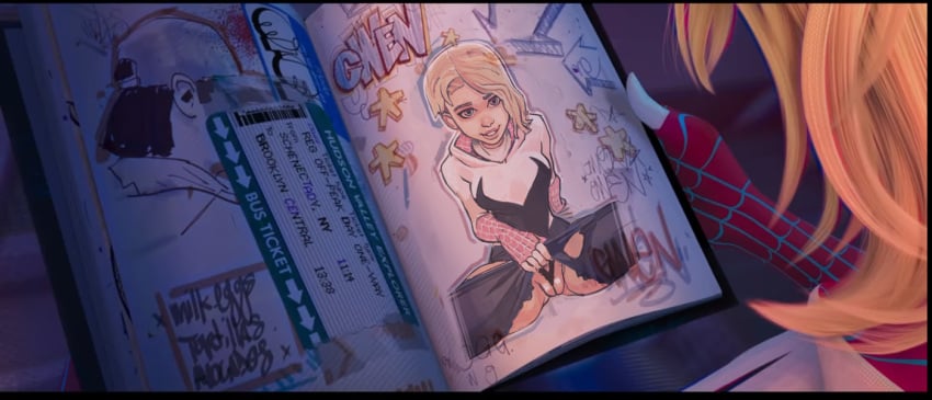 blonde_hair canonical_scene drawing gwen_art_check gwen_stacy jjfrenchie joel_jurion marvel meme panties pussy sketch solo_female spider-gwen spider-man:_across_the_spider-verse spider-man_(series) torn_clothes vagina