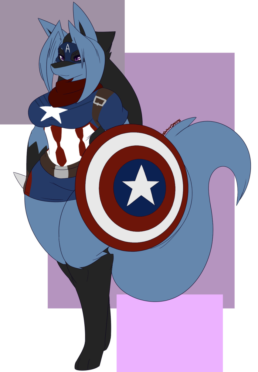 big_breasts captain_america_(cosplay) dewwydartz female furry hourglass_figure lucario marvel marvel_comics may_(dewwydartz) nintendo pokémon_(species) pokemon pokemon_(species) tagme thick_thighs