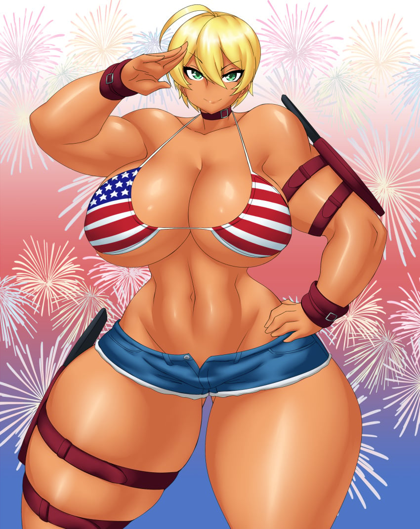 4th_of_july american_flag_bikini big_breasts blonde_hair breasts cleavage female female_focus fireworks hips kailyn mito_ikumi shokugeki_no_souma short_hair short_shorts shorts solo solo_female tan tan_body thick_thighs thighs underboob wide_hips