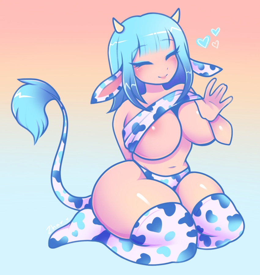 animal_ears areola areola_slip areolae bandeau bangs big_breasts blue_hair blush breasts closed_eyes cow_bikini cow_girl cow_print cow_print_thighhighs cute cute_expression horn huge_breasts huge_thighs kneeling lifted_shirt ombre_hair original pulling_clothing short_hair sitting skye_(zharxart) socks tail tail_tuft thick_thighs thighhighs tit_drop zharxart