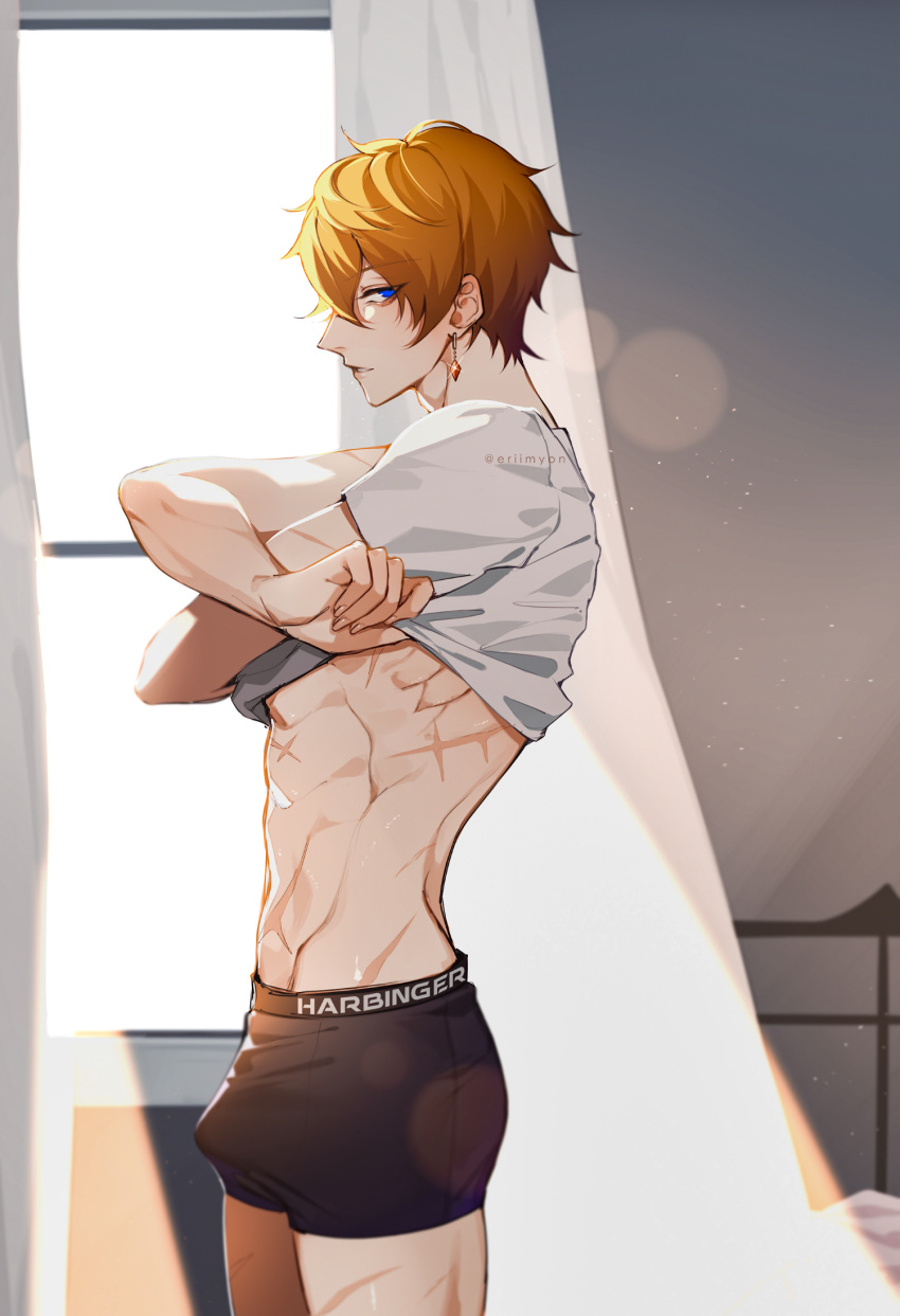 1boy blue_eyes boner boxers bulge childe_(genshin_impact) earrings eriimyon genshin_impact male male_only red_hair scar solo_male tartaglia_(genshin_impact) underwear undressing white_shirt