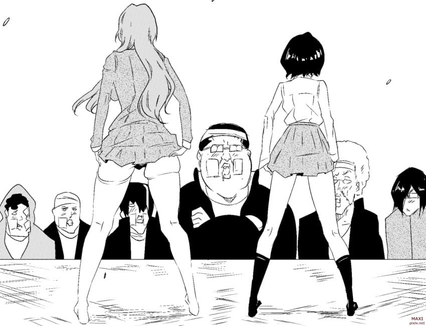 2girls 6boys animated ass_shake audience back_view backboob bare_legs barefoot being_watched big_ass big_breasts blazer bleach breasts clapping_cheeks clothed_female clothing clothing_lift dancing exhibitionism from_behind inoue_orihime kuchiki_rukia legwear long_hair maxi monochrome multiple_girls school_uniform schoolgirl shaking shaking_butt shirt show skirt skirt_lift socks spanking stage standing watching