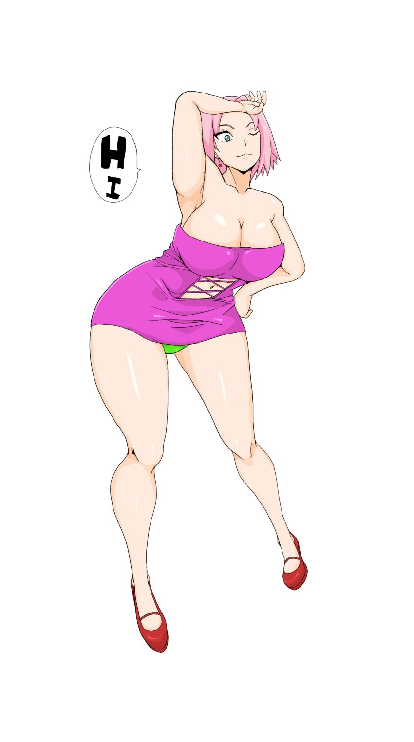 1girls big_breasts breasts dress female maeharasan masaru7 minidress naruto naruto_(series) panties pink_hair revealing_clothes sakura_haruno short_hair solo speech_bubble standing text thick_thighs white_background wide_hips