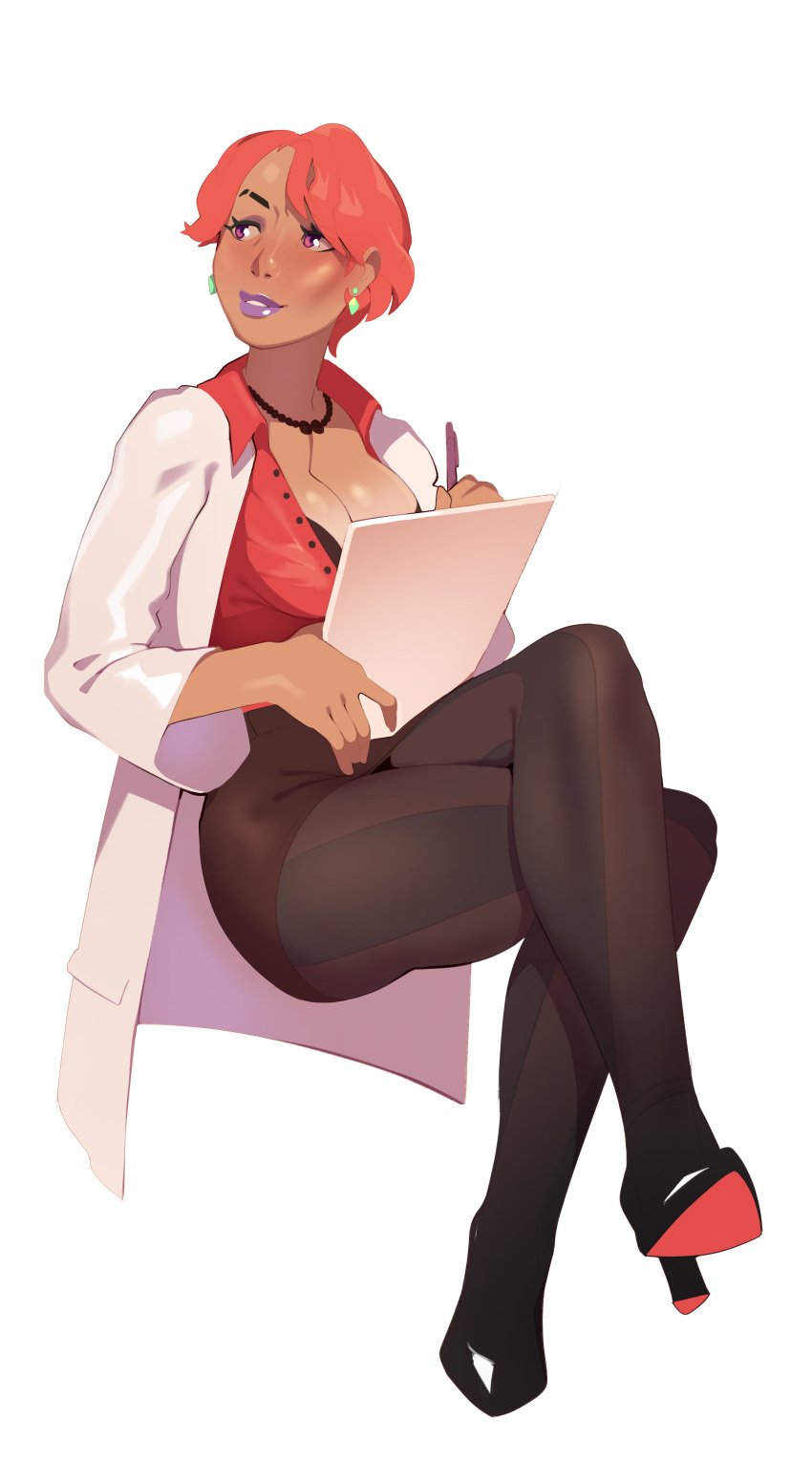 1girls breasts christian_louboutin_(brand) cleavage combos-n-doodles crossed_legs dark-skinned_female dark_skin earrings final_fantasy final_fantasy_xiv high_heels holding_object holding_pen hume invisible_chair labcoat large_breasts looking_away louboutin_(shoes) necklace pantyhose purple_eyes purple_lipstick red_hair second-party_source short_hair sitting white_background