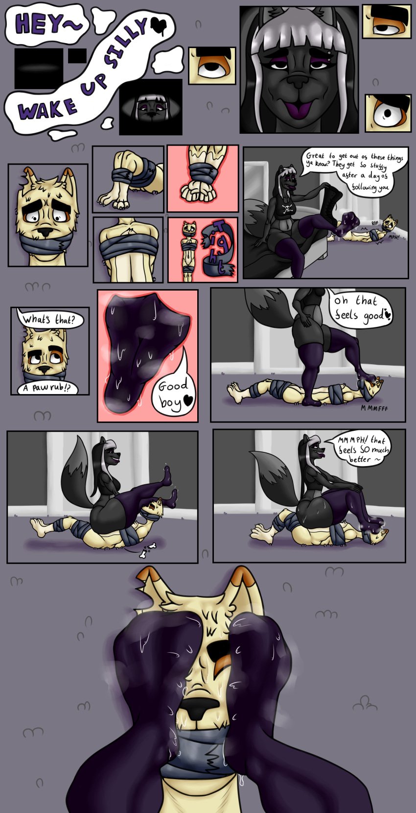 anthro bed bedroom beige_fur black_clothes black_fur black_hair bondage canine carpet clothing comic comic_page dogboy duct_tape eyeshadow feet female femdom fox foxgirl grey_fur infiniteshades lipstick makeup male markings musk musky orange_fur paw_fetish paws purple_lipstick shady_(infiniteshades) silver_hair snezhinka_(infiniteshades) socks struggling sweat sweaty thigh_highs tied_up two_tone_hair unwilling