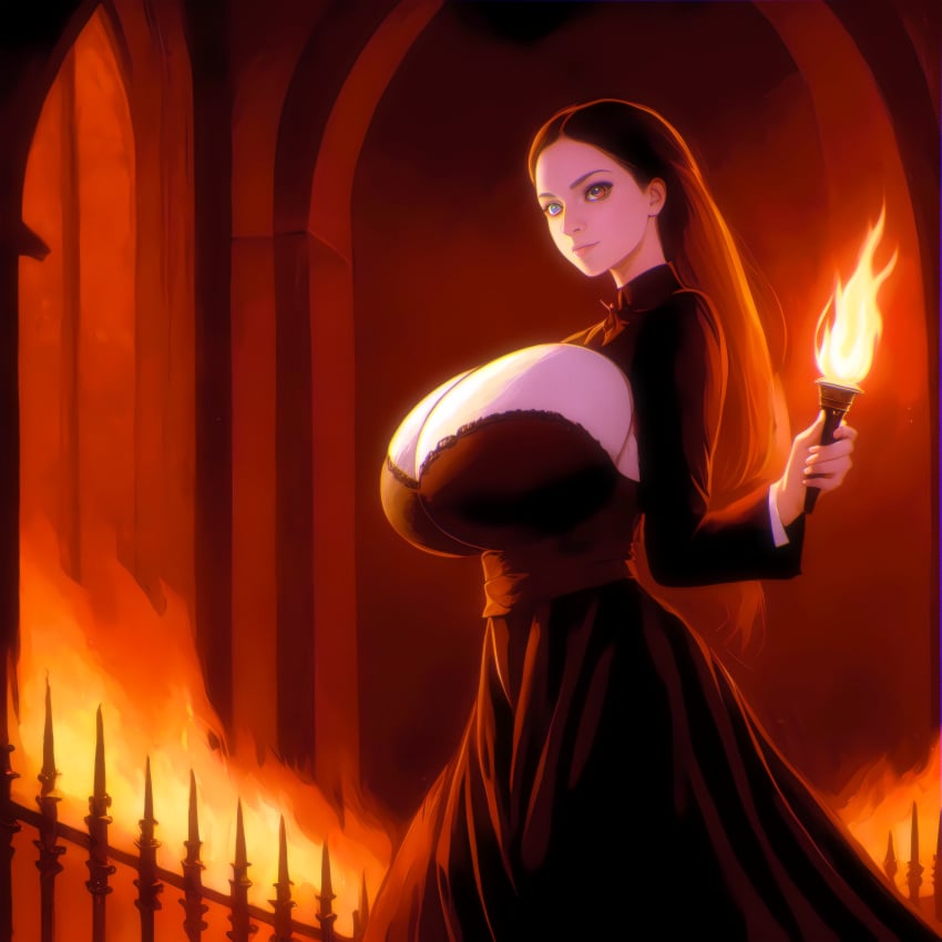 ai_generated big_breasts black_dress black_hair breasts_bigger_than_head burning caucasian caucasian_female cleavage curvy dress female female_only fire flames gigantic_breasts goth goth_girl huge_breasts hyper hyper_breasts large_breasts narrow_waist on_fire pale-skinned_female pale_skin red_eyes source_request stable_diffusion torch voluptuous