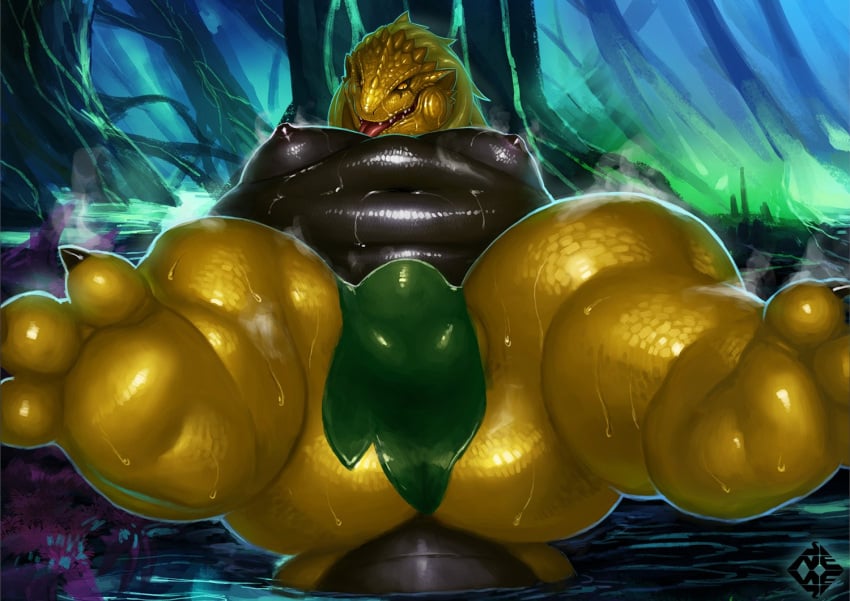 2021 anthro balls_outline bodily_fluids bulge capcom fanged_wyvern feet genital_outline jagras leaf leaf_censor male monster_hunter monster_hunter_world moobs nezirozi nipples nude open_mouth penis_outline slightly_chubby_anthro solo steam steamy_feet sweat tongue tongue_out video_games