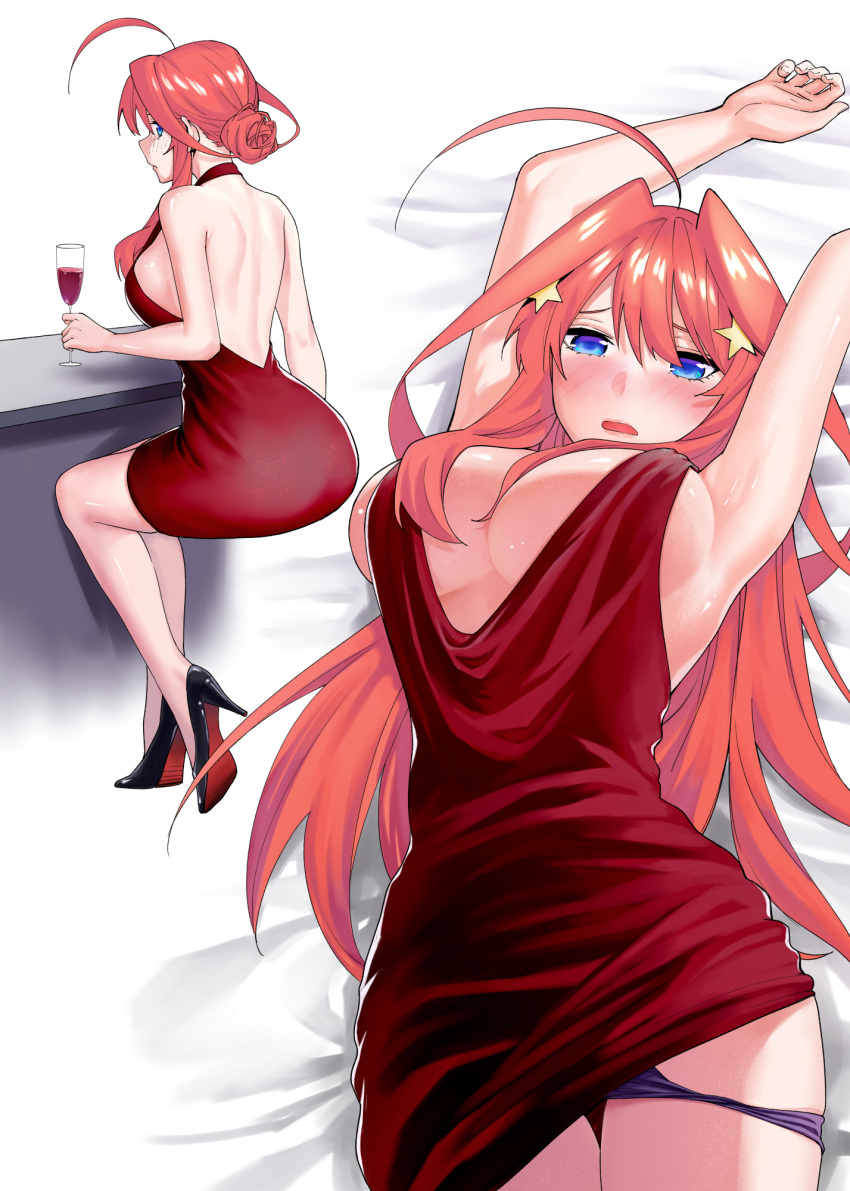 ahoge alternate_hairstyle arms_up back_view backless backless_dress backless_outfit bare_legs bare_shoulders big_breasts blue_eyes breasts cleavage curvy curvy_female curvy_figure dress drink female female_only footwear from_behind front_view glass go-toubun_no_hanayome hair_bun hair_down hair_ornament hairclip heels high_heels holding_object huge_breasts kosmos_beta loose_hair lying lying_on_back multiple_views nakano_itsuki no_bra panties panties_down red_dress red_hair revealing shiny shiny_hair shiny_skin solo solo_focus star_(symbol) star_hair_ornament tied_hair underwear underwear_down wide_hips wine wine_glass