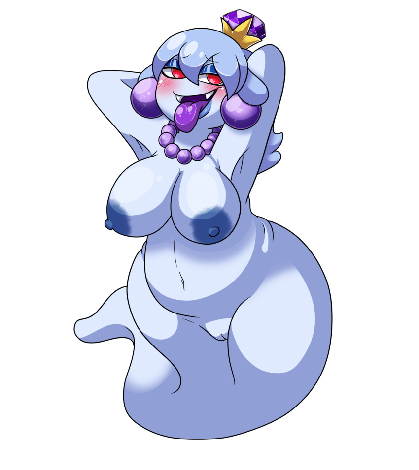 alpha_channel big_breasts blue_body blue_hair blush boo_(mario) breasts crown digital_media_(artwork) ear_piercing ear_ring eyeshadow fangs female gem genitals ghost hair hi_res humanoid jewelry king_boo lipstick looking_at_viewer luigi's_mansion makeup mario_(series) mature_female necklace nintendo nipples not_furry nude open_mouth pearl_(gem) pearl_necklace piercing pussy queen royalty rule_63 simple_background slightly_chubby smile solo spirit thick_thighs tongue tongue_out transparent_background video_games white_background yoshimister