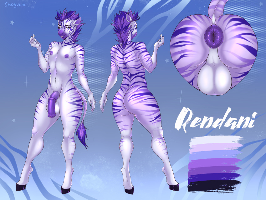 absurd_res animal_genitalia animal_penis anthro anus ass balls big_balls big_butt biped equid equine equine_penis genitals hair hi_res hooves humanoid_hands male mammal markings medial_ring model_sheet penis perineum plains_zebra pose puffy_anus purple_anus purple_body purple_eyes purple_hair purple_penis quagga rendani smile smogville solo striped_body striped_markings striped_tail stripes tail_markings unguligrade_anthro unguligrade_legs zebra