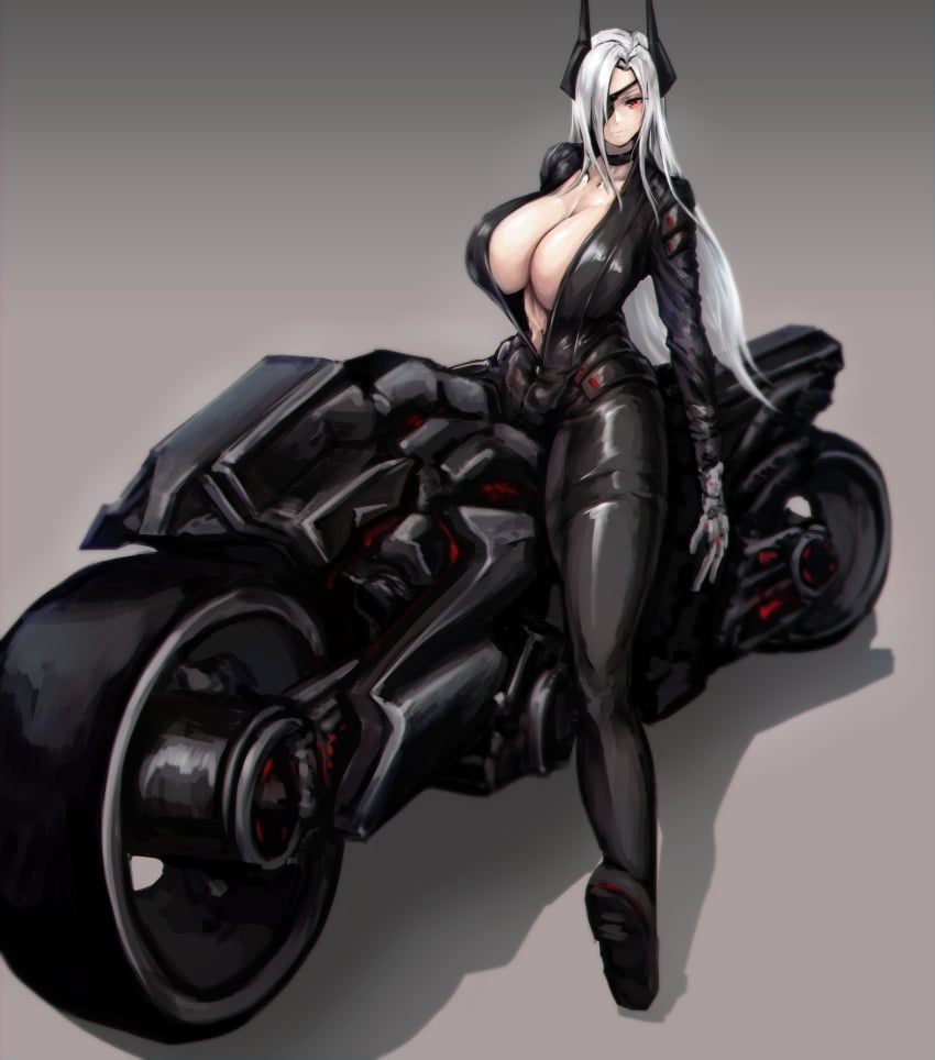 1girls bodysuit breasts_bigger_than_head cleavage eyepatch gigantic_breasts last_origin lemonade_gamma motorcycle white_hair zer0artzer0