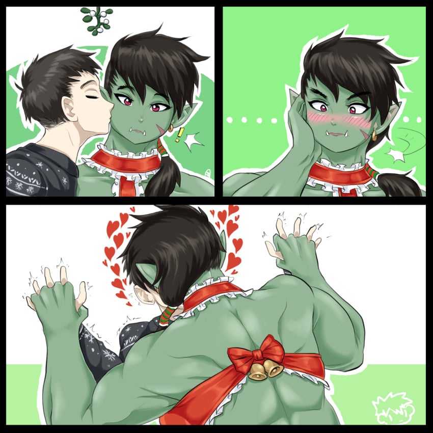 ... 1boy 1girls bell black_hair blush christmas closed_eyes earrings fangs female green_skin hand_holding heart hi_res human human_male imperiumdraws kissing kissing_cheek light-skinned_male light_skin love male male/female mistletoe muscular muscular_female orc orc_female pointy_ears red_eyes ribbon scar tied_hair wholesome