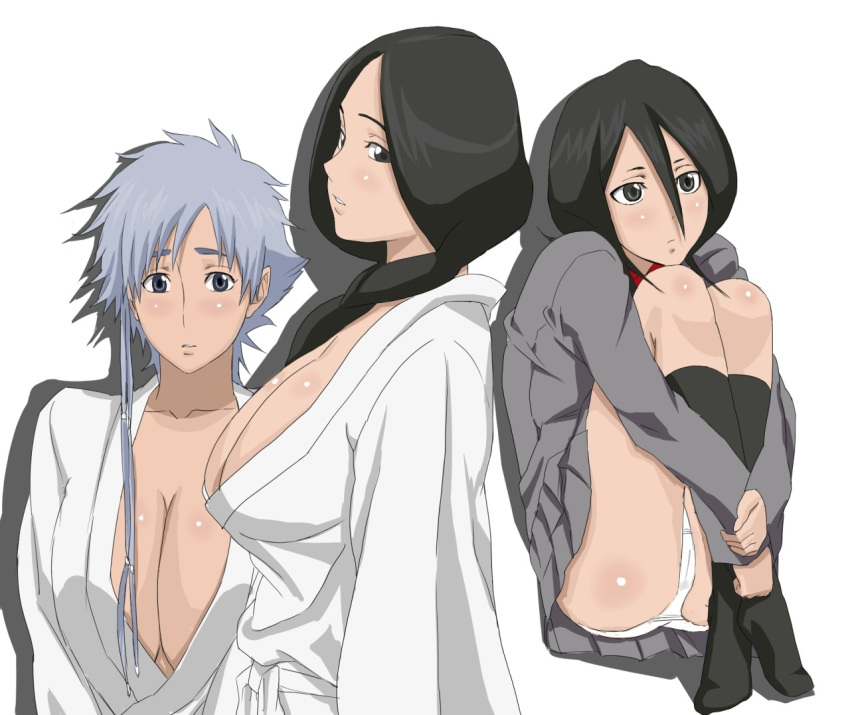 3girls black_eyes black_hair bleach blush braid breasts cleavage cottage cover cover_page crotch_seam female female_only front_braid green_eyes huge_breasts hugging_own_legs japanese_clothes kimono knees_to_chest kotetsu_isane kuchiki_rukia large_breasts long_hair miniskirt multiple_girls no_bra no_shoes panties pantyshot school_uniform short_hair short_hair_with_long_locks silver_hair simple_background single_braid skirt socks teacher_and_student underwear unohana_retsu upskirt white_background white_panties