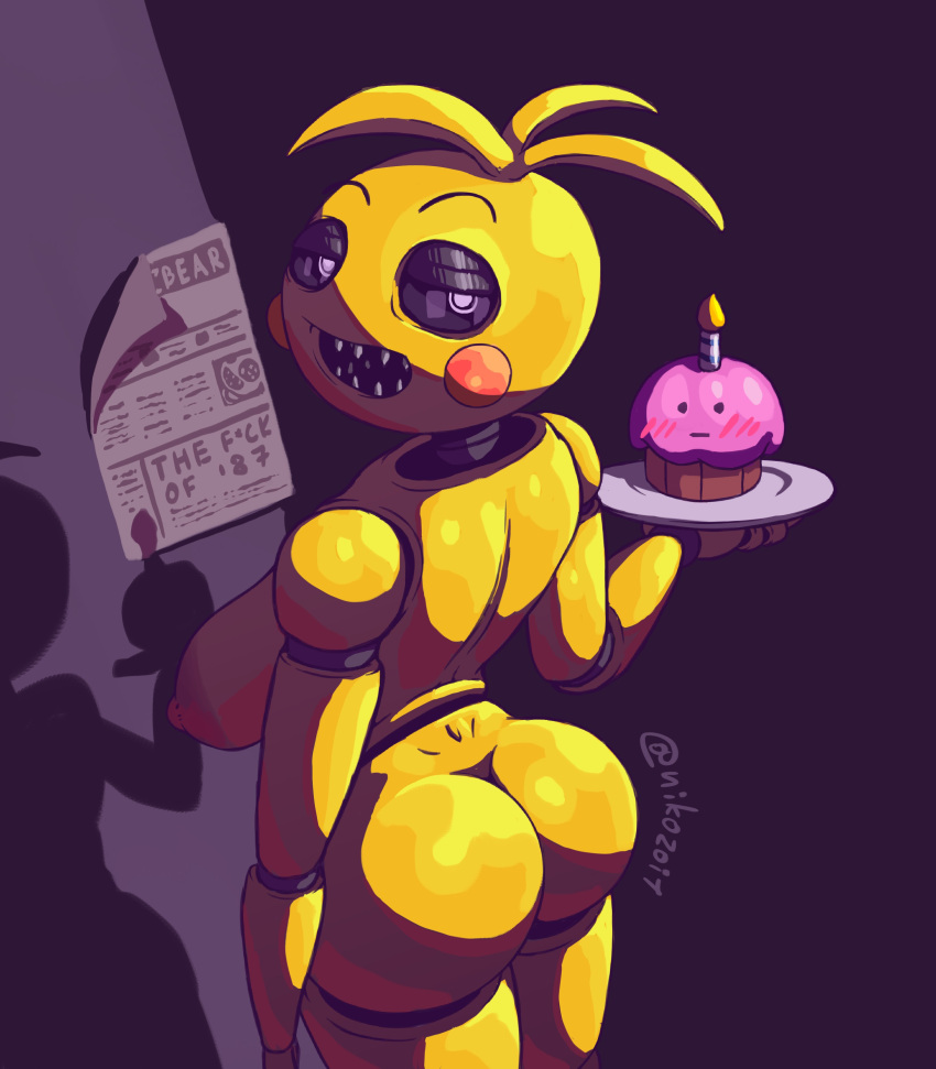 1girls animatronic ass back back_view big_areola big_ass big_breasts big_butt big_nipples blush blushing breasts bubble_butt butt_crack cupcake cupcake_(fnaf) erect_nipples female female_only female_robot five_nights_at_freddy's five_nights_at_freddy's_2 half-closed_eyes holding_object huge_areolae huge_breasts huge_nipples humanoid looking_at_viewer looking_back metallic_body nikozoi nude plate presenting_hindquarters red_cheeks robot robot_girl shadow sideboob solo standing thin_eyebrows toy_chica_(fnaf) white_eyes yellow_body