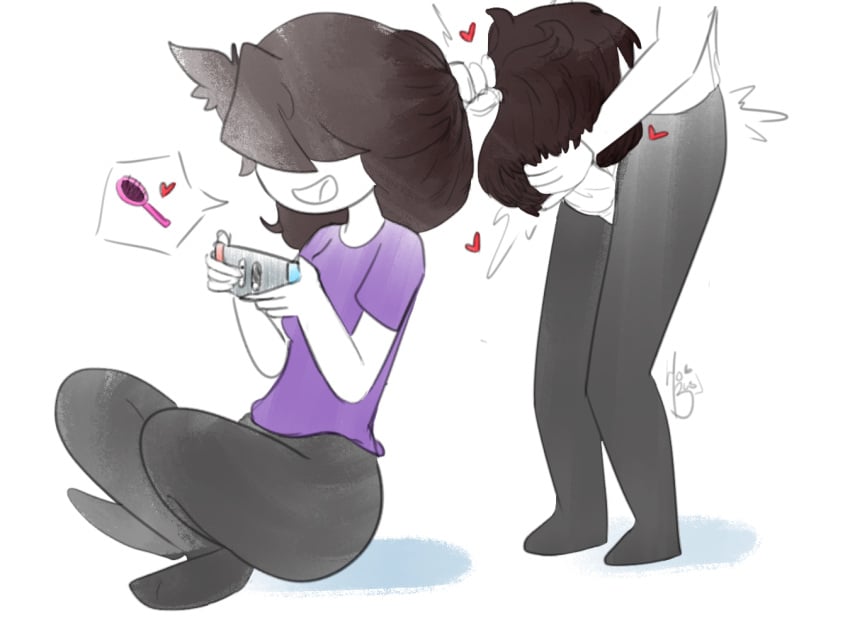 brown_hair distracted fully_clothed hair_grab hair_harpoon hair_over_eyes hairjob heart homerbls jaiden jaiden_animations long_hair masturbation very_long_hair white_background white_skin youtube youtuber