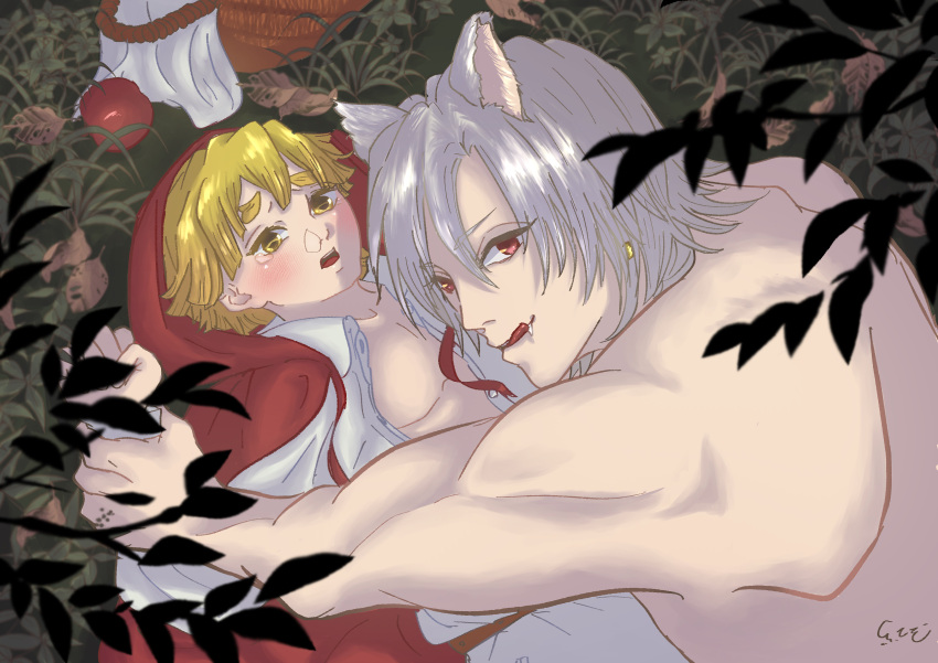 2boys blonde_hair blush demon_slayer earring forest_background fruit_basket gay kimetsu_no_yaiba licking_lips little_red_riding_hood looking_at_viewer male male_only pinned_down pinned_to_ground red_cape red_eyes red_riding_hood_(cosplay) silver_hair unbuttoned_shirt uzui_tengen white_hair wolf_ears yaoi zenitsu_agatsuma