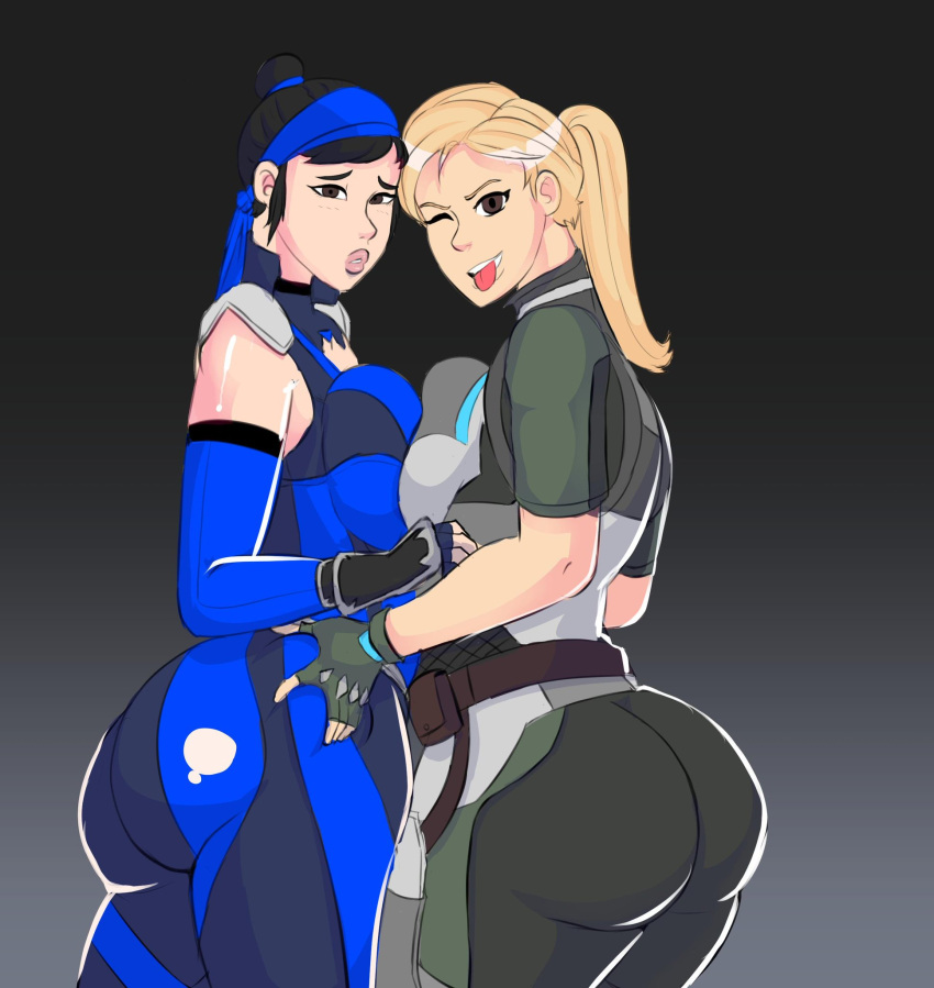 2d 2girls big_ass black_hair blonde_hair brown_eyes cassie_cage clothing female female_focus female_only fully_clothed grabbing grabbing_ass kitana looking_at_viewer looking_back mortal_kombat mortal_kombat_11 nervous netherrealm_studios simoncrips slight_blush squished_breasts thick_ass tongue_out