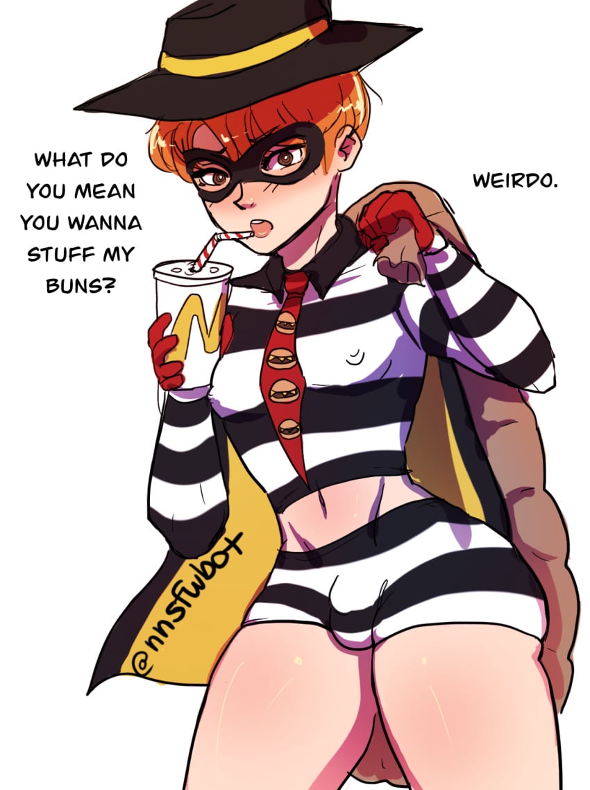 1boy english_text fast_food femboy hamburger hamburglar looking_at_viewer male male_only mask mcdonald's nipples_visible_through_clothing nnsfwbot open_mouth orange_hair perky_breasts solo stripes teasing text thick_thighs twink