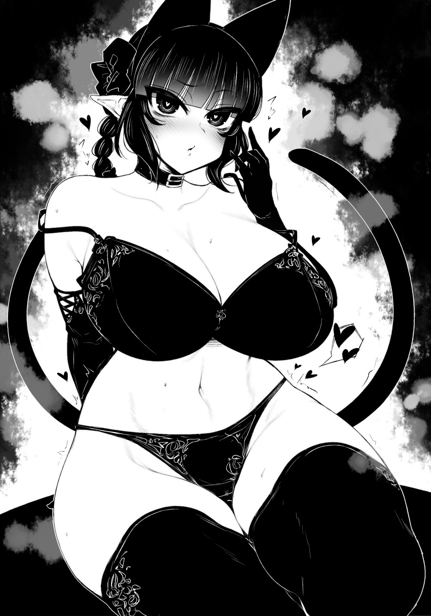 2_tails :/ absurdres animal_ears arm_support bangs bare_shoulders black_collar black_gloves blunt_bangs blush braid breasts cat_ears cat_tail cleavage collar collarbone eyebrows_visible_through_hair eyes_visible_through_hair feet_out_of_frame female ginku_mh gloves greyscale hand_up haseru_(ginku_mh) heart heart-shaped_pupils highres huge_breasts long_hair looking_at_viewer monochrome multi_ear multi_tail navel nekomata parted_lips pointy_ears raised_eyebrow rin_kaenbyou simple_background sitting solo spoken_heart strap_slip symbol-shaped_pupils tail thick_thighs thighs touhou tsurime twin_braids twintails underwear