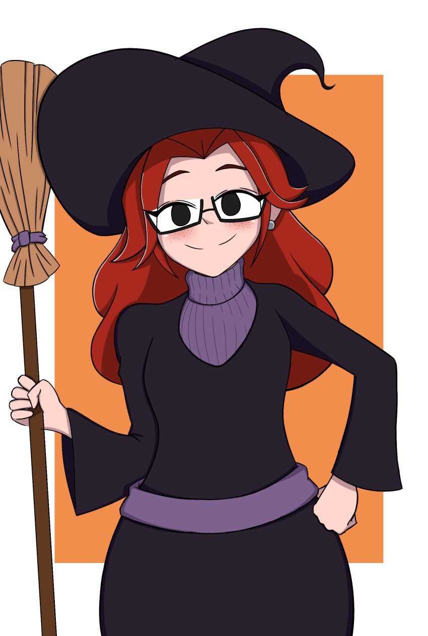 1boy broom earrings femboy freckles glasses lolo_mp3 male male_only nat_(riteliso) original red_hair solo witch witch_boy witch_hat