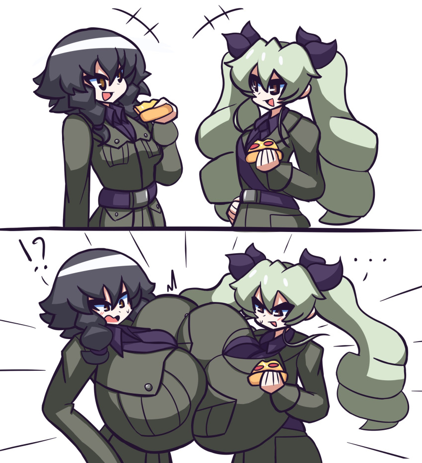 2021 2girls anchovy big_breasts breast_expansion gensin gigantic_breasts girls_und_panzer huge_breasts massive_breasts pepperoni_(girls_und_panzer) pizza tagme voluptuous