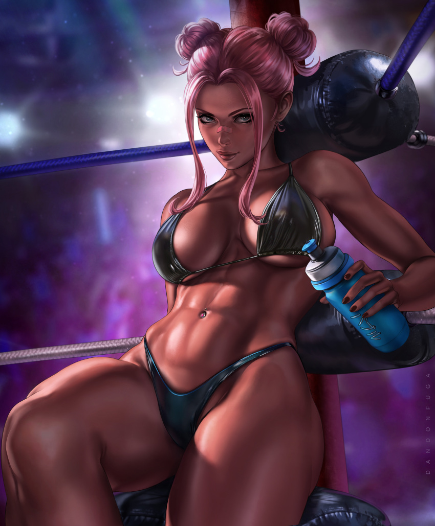 1girls abs absurd_res absurdres bandage bandage_on_face big_breasts bikini bikini_bottom bikini_top black_clothes black_clothing black_panties black_underwear blue_eyes bottle bra breasts bubble_(dandon_fuga) busty child_bearing_hips clothed clothed_female clothing dandon_fuga dark-skinned_female dark_skin female female_focus female_only fighting_ring fingernails fit fit_female hair_bun hair_buns high_resolution highres hips holding_bottle holding_object large_breasts large_filesize looking_at_viewer muscular muscular_female nail_polish navel navel_piercing original original_character panties pink_hair red_nail_polish red_nails sitting sitting_down sitting_on_stool solo solo_female solo_focus sports_bottle stool thick_thighs thighs toned toned_body toned_female underwear very_high_resolution wide_hips