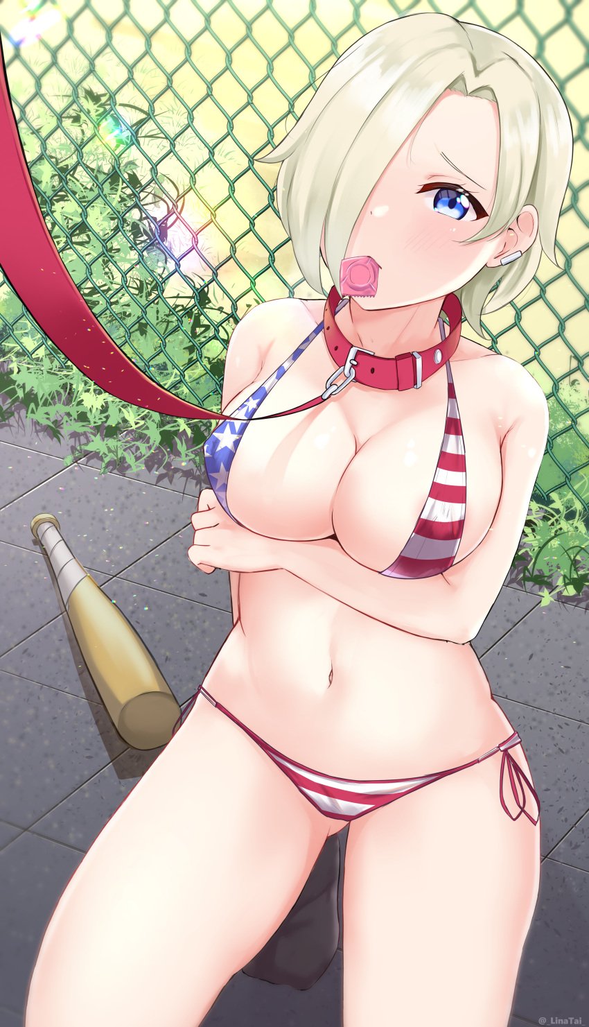 absurdres american_flag_bikini animal_collar bikini blonde_hair breast_hold breasts cleavage collar condom condom_in_mouth earclip female flag_print hair_over_one_eye highres large_breasts linatai looking_at_viewer love_live! love_live!_nijigasaki_high_school_idol_club mia_taylor mouth_hold purple_eyes short_hair swimsuit