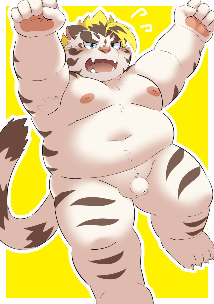 2021 absurd_res anthro balls belly blush felid flaccid genitals hi_res humanoid_genitalia humanoid_hands humanoid_penis kemono licho_(tokyo_afterschool_summoners) lifewonders male mammal moobs navel nipples overweight overweight_male pantherine penis ptcmtr simple_background solo tiger tokyo_afterschool_summoners video_games