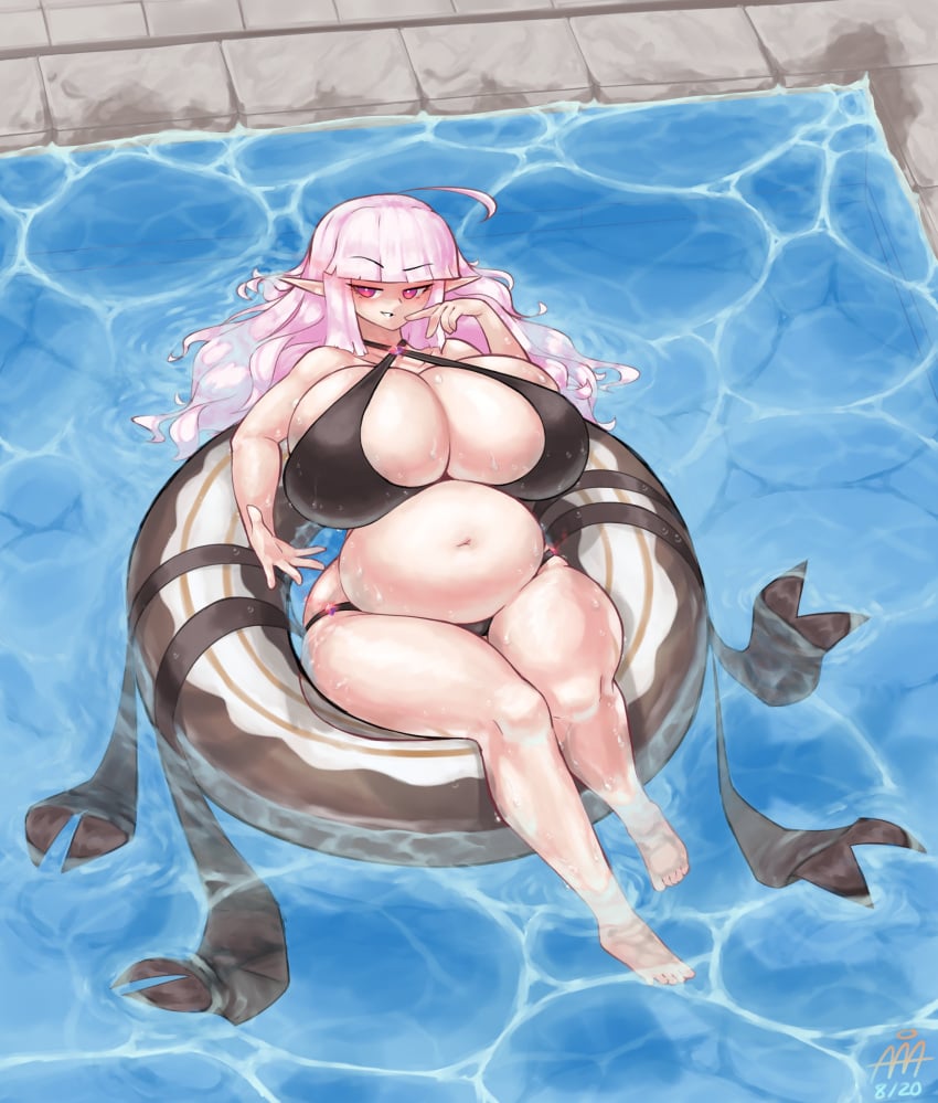 allanchorsaweigh bare_legs bare_thighs belly belly_button big_belly bikini breasts calamity_(alphaerasure) chubby chubby_female cleavage female female_focus hips large_breasts long_hair navel pink_eyes pointy_ears pool smug solo solo_female swimsuit thick_thighs thighs watermark wet wet_body wet_hair white_hair wide_hips