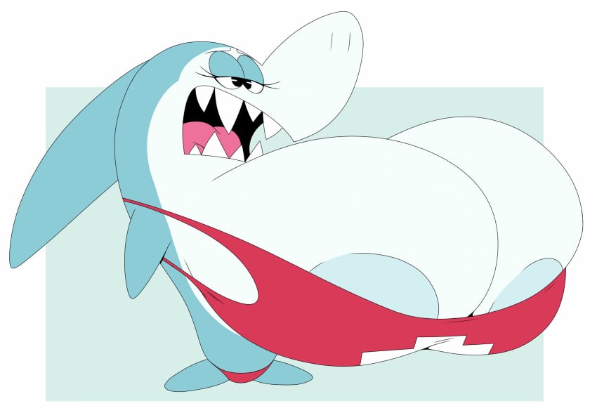 black_eyes blue_body breasts clothing colored digital_media_(artwork) eyelashes fin fish half-closed_eyes hanna-barbera hi_res jabberjaw jabberjaw_(character) jellystone_(hbo_max) marine narrowed_eyes nipples non-mammal_breasts open_mouth sbshouseofpancakes semi-anthro shark sharp_teeth swimwear teeth tongue white_body