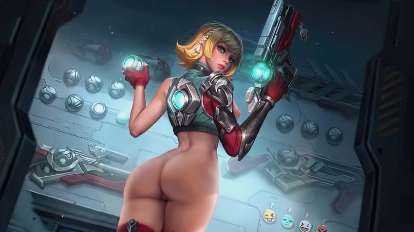 ass bare_ass bare_back beatrix_(mobile_legends) breasts breasts_out holding_weapon looking_back mobile_legends mobile_legends:_bang_bang pussy schmunch