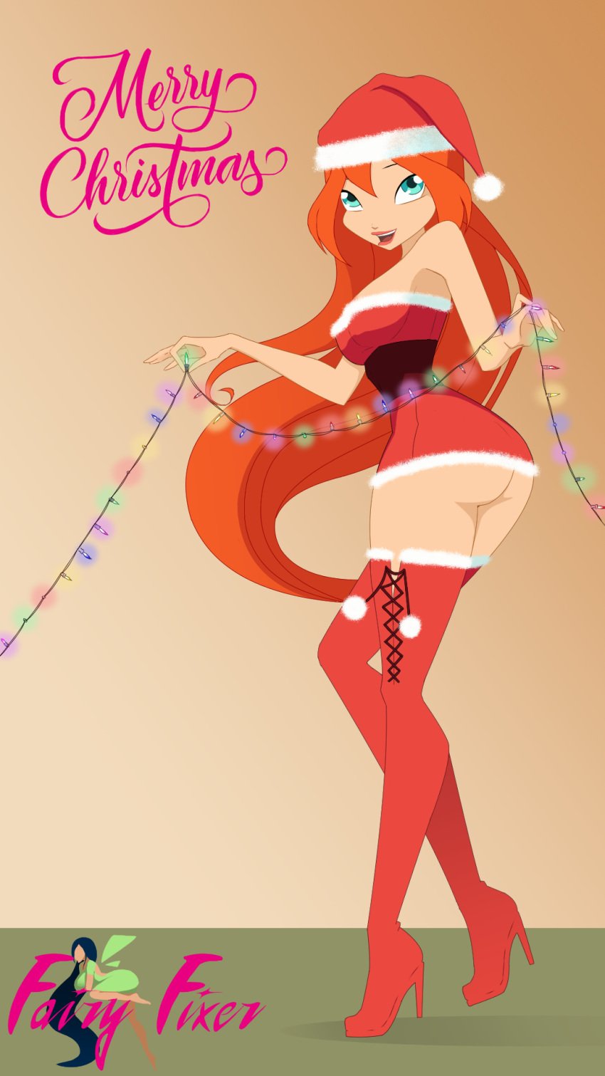 ass bloom bloom_(winx_club) blue_eyes boots breasts christmas christmas_hat christmas_lights cute decorating dress fairy_fixer female female_only juiceshooters long_hair red_hair round_butt smile smiling thigh_boots thighhighs winx_club