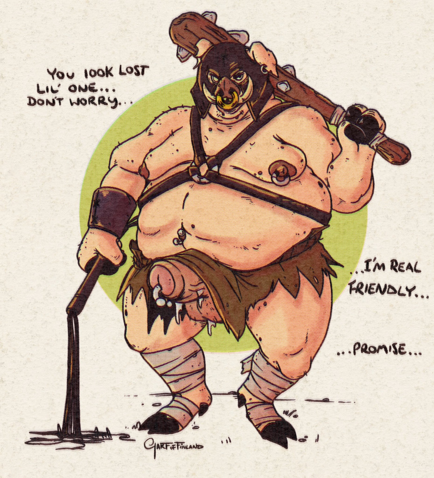 1male 2021 anthro balls ballsack beefy belly big_belly bottomwear clothing club_(weapon) english_text foreskin garf_of_finland_(artist) genital_piercing genitals harness hi_res hooves intact loincloth male mammal melee_weapon moobs navel navel_piercing nipple_piercing nipple_ring nipples nose_piercing nose_ring overweight partially_retracted_foreskin penis penis_piercing piercing prince_albert_piercing scrotum septum_piercing solo suid suina sus_(pig) testicles text thick_penis tusks uncut weapon