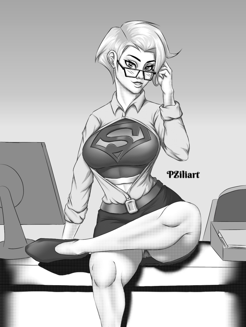 1girls aged_up big_breasts cameltoe dc dc_comics dc_super_hero_girls female female_only glasses kara_danvers kara_zor-el looking_at_viewer monochrome on_desk panties pzilart secretary short_hair sitting_on_desk supergirl thick_thighs unbuttoned_shirt upskirt