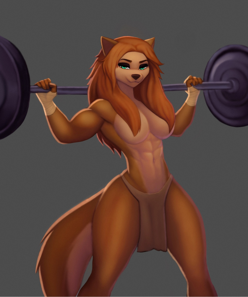 abs aozee blonde_hair blue_eyes cat_ears catgirl fit_female furry loincloth long_hair looking_at_viewer original_character topless vulpa_(marian0) weightlifting