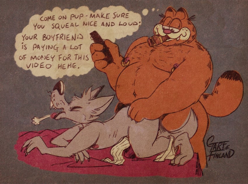 2boys anal anal_penetration anal_sex anthro artist_request beefy body_fur canid canine canis cigar cuckold domestic_cat duo english_text fat felid feline felis from_behind_position garf_of_finland_(artist) garfield_(series) garfield_the_cat hi_res male male/male male_nipples male_on_male male_only male_penetrating_male mammal masculine nipple_piercing nipple_rings nude_male obese obese_male overweight overweight_male pecs penetration phone recording sex smooth_fur tail text wolf