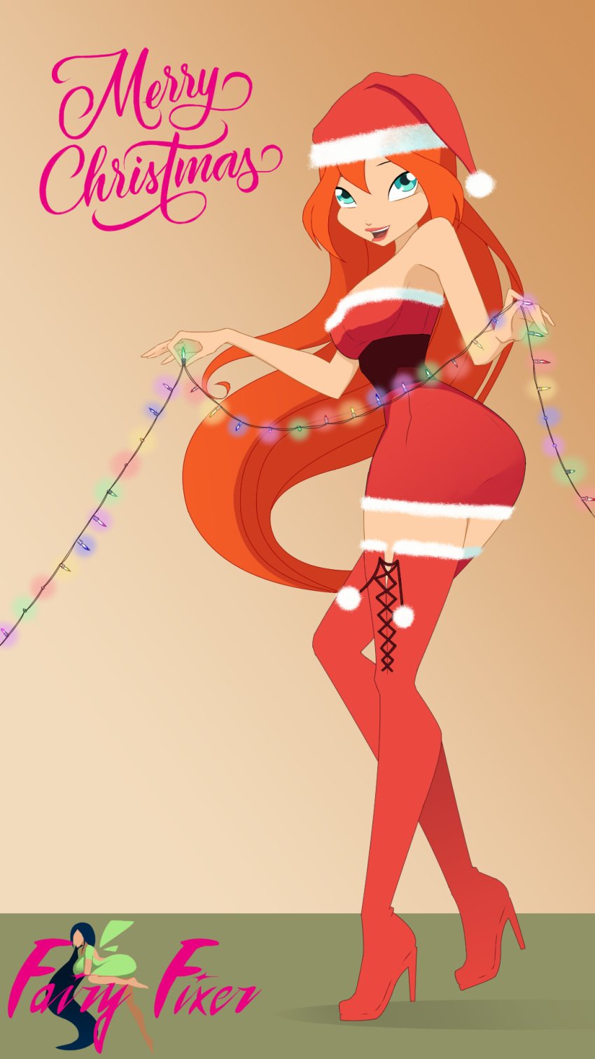 ass bloom bloom_(winx_club) blue_eyes boots breasts christmas christmas_hat christmas_lights cute decorating dress fairy_fixer female female_only juiceshooters long_hair red_hair smile smiling thigh_boots thighhighs winx_club