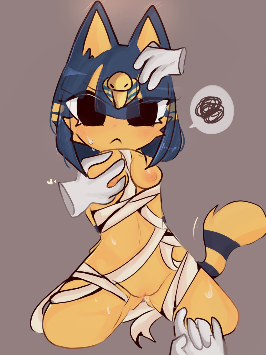 absurd_res animal_crossing ankha ankha_(animal_crossing) anthro breasts disembodied_hand female genitals hand_on_breast hi_res marinemarines2 nintendo nipples pussy solo video_games