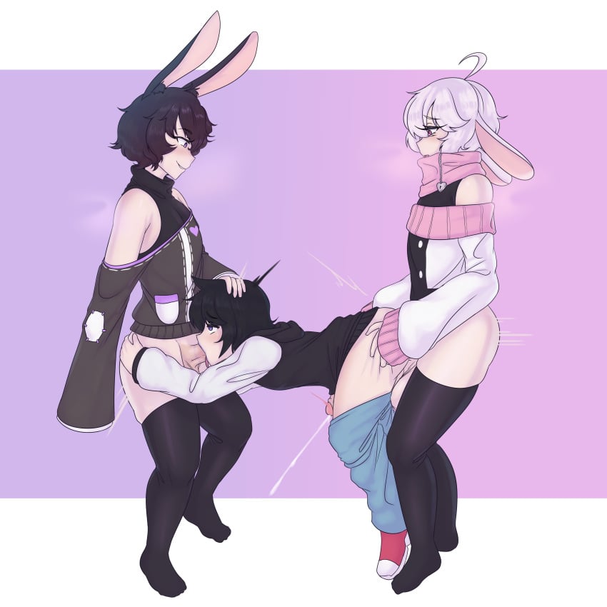 3boys 3femboys anal anal_sex balls black_ears black_hair bottomless bottomwear bunny_boy bunny_ears cum cumming femboy femboy_on_femboy femboy_only femboydom femboysub gay hair human legwear male/male male_human male_on_male male_only male_penetrated male_penetrating male_penetrating_male maledom malesub monster_boy off_shoulder oral penetration penis scuttlefish spitroast tagme topwear trap white_ears white_hair yaoi