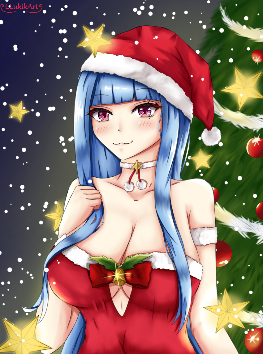 :3 big_breasts blue_hair christmas christmas_clothing christmas_hat christmas_outfit christmas_tree cleavage hand_on_breast llukik original original_character pink_eyes