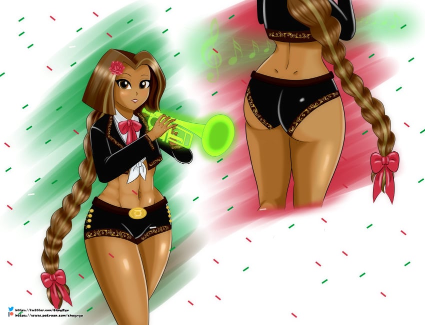 1girls ass big_ass chuyryu dark-skinned_female dc dc_comics dc_super_hero_girls dimples_of_venus female female_only green_lantern instrument jessica_cruz latina mariachi mexico navel short_pants solo thick_thighs trumpet wide_hips