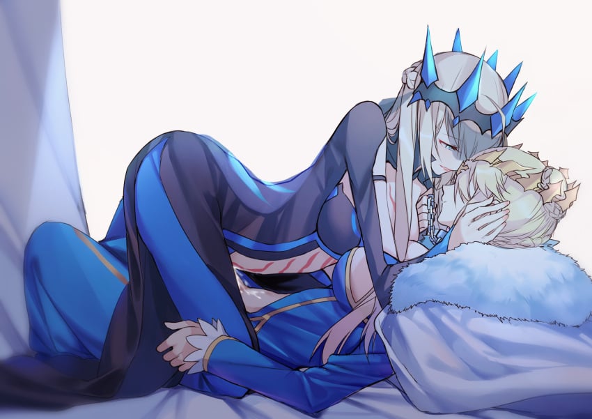 1futa 1girls artoria_pendragon artoria_pendragon_(lancer) bedroom big_breasts blonde_hair blue_clothing breasts cape chained chains clothed clothing collar cowgirl_position crown crown_braid cum cum_in_pussy cum_inside diadem duo fate/grand_order fate_(series) female female_on_futa femdom fur_trim futa_on_female futanari futasub girl_on_futa green_eyes half_siblings half_sisters handjob human implied_futanari incest light-skinned_female light-skinned_futanari light_skin morgan_le_fay_(fate) mostly_clothed night_kun pale_skin revealing_clothes riding riding_penis siblings sisters tattoo tattoos yorukun