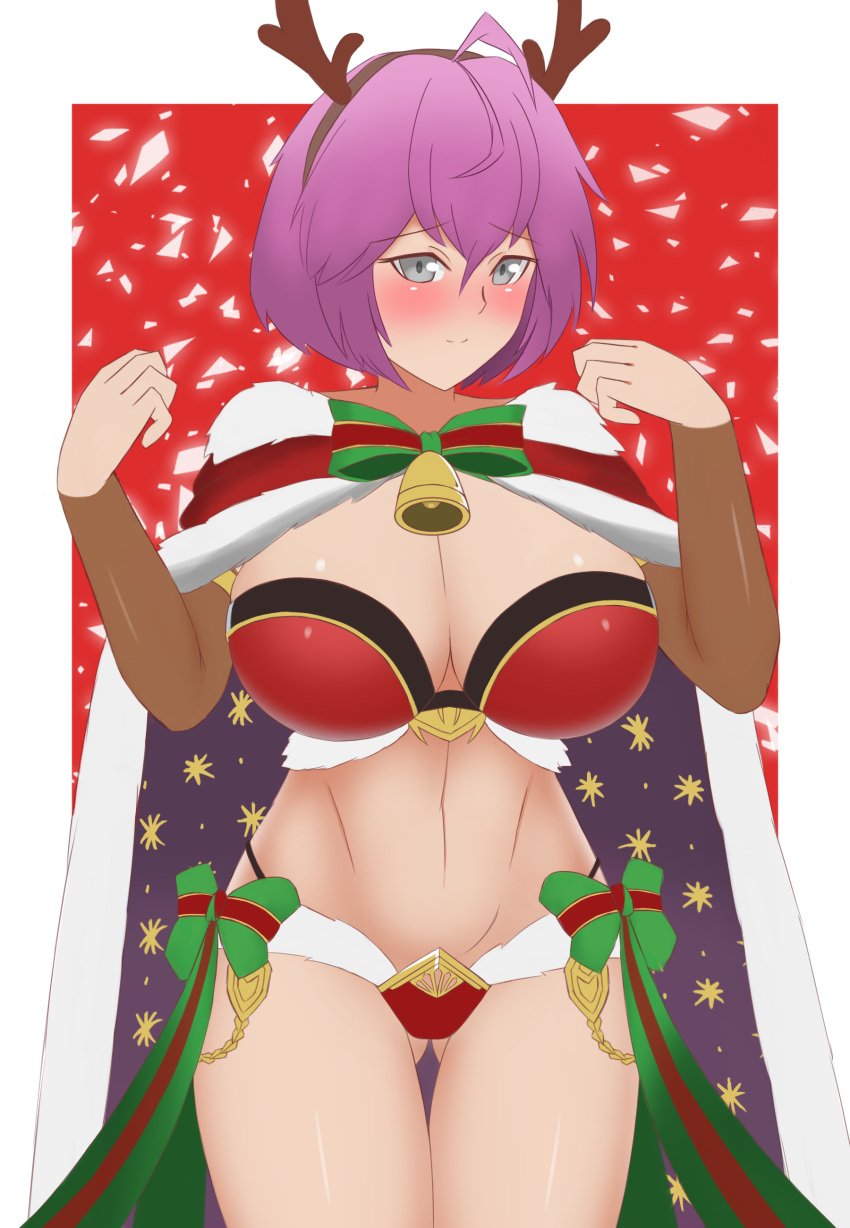 1girls alternate_costume ass_visible_through_thighs bare_midriff bare_thighs bernadetta_von_varley breasts christmas christmas_outfit cleavage cosplay female_only fire_emblem fire_emblem:_three_houses fire_emblem_heroes grey_eyes large_breasts midriff nintendo official_alternate_costume panties pibu purple_hair red_background red_panties short_hair shy_smile smile solo tharja_(fire_emblem)_(cosplay) tharja_(winter)_(fire_emblem) thighs