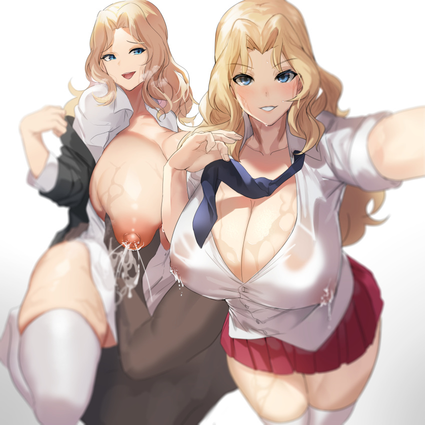 1boy absurdres blonde_hair blue_eyes blue_necktie breast_grab breasts cleavage collared_shirt dark-skinned_male dark_skin female girls_und_panzer grabbing highres huge_breasts kay_(girls_und_panzer) lactation lactation long_hair looking_at_viewer necktie nipples open_mouth out_of_frame pleated_skirt red_skirt sakanaaj1 see-through shirt skirt sleeves_rolled_up smile sweat thick_thighs thighhighs thighs white_background white_legwear