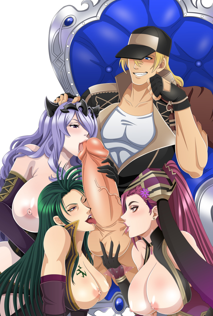 1boy 3girls absurdres alternate_costume big_breasts blonde_hair breast_outside breast_tattoo breasts breasts_out bunny_ears bunny_girl bunnysuit camilla_(fire_emblem) cock_worship collaborative_fellatio crossover easter fatal_fury fellatio femsub fire_emblem fire_emblem:_path_of_radiance fire_emblem_fates fire_emblem_heroes foursome gloves green_hair group_sex hair_over_one_eye harem highres horns huge_breasts king_of_fighters large_breasts leenvidia licking licking_penis loki_(fire_emblem) loki_(spring)_(fire_emblem) long_hair maledom multiple_fellatio multiple_girls nintendo nipples official_alternate_costume one_breast_out one_eye_closed oral penis penis_awe penis_grab penis_out petrine_(fire_emblem) purple_eyes purple_hair slave snk tattoo teamwork terry_bogard testicle_grab throne throne_sex tongue tongue_out transparent_background