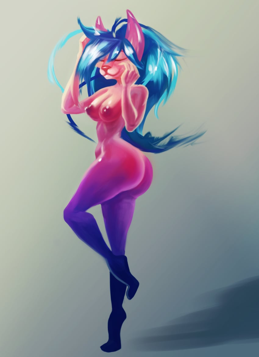 anthro ass blue_hair breasts domestic_cat felid feline felis female female/female hair hi_res mammal nipples nuxinara pink_nose purple_body purple_nipples solo