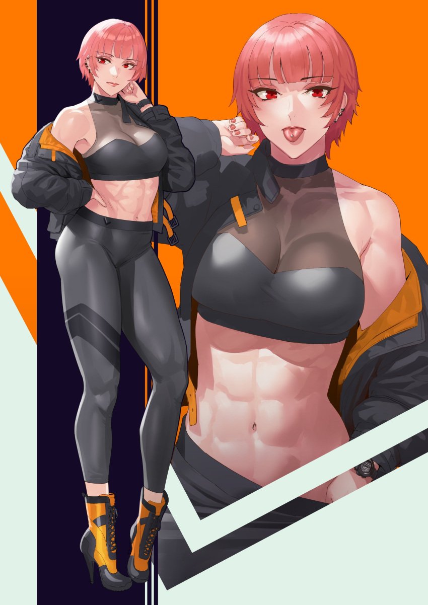 abs damegane ear_piercing female medium_breasts red_eyes red_hair short_hair sportswear thick_thighs tongue_piercing