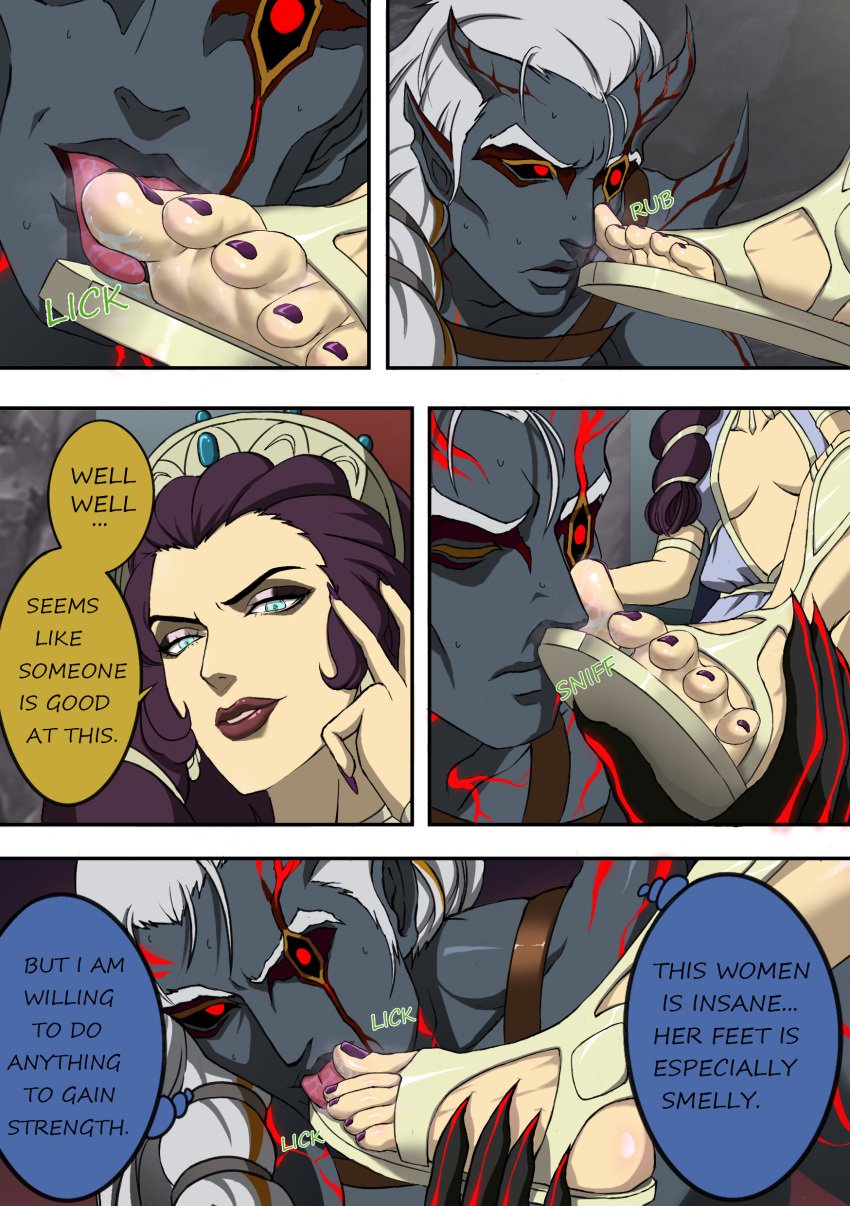 blood_of_zeus comic dialogue feet female foot_fetish footcroft hera_(boz) licking purple_hair purple_nails seraphim_(boz) text toe_licking