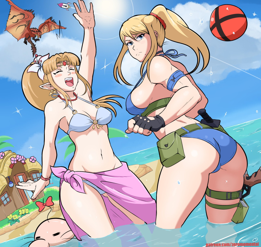 2girls animal_crossing beach bikini crossover k metroid monster_hunter multiple_girls nintendo pikmin pikmin_(species) princess_zelda rathalos samus_aran super_smash_bros. swimsuit the_legend_of_zelda water zelda_(a_link_between_worlds) zeromomentai