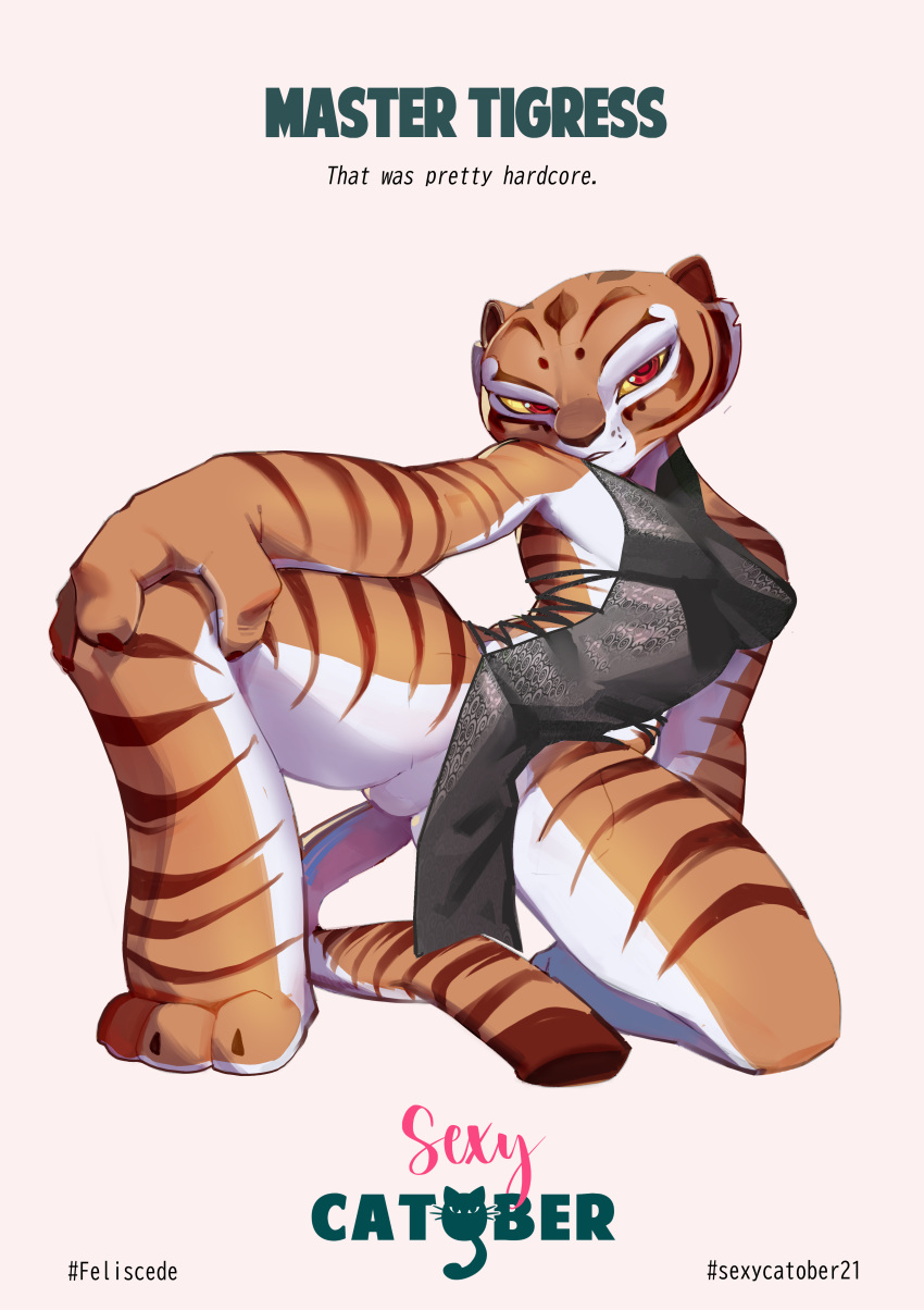 1girls catober dreamworks feliscede female fit_female furry kung_fu_panda looking_at_viewer master_tigress red_eyes revealing_clothes tiger tiger_ears tiger_girl tiger_tail